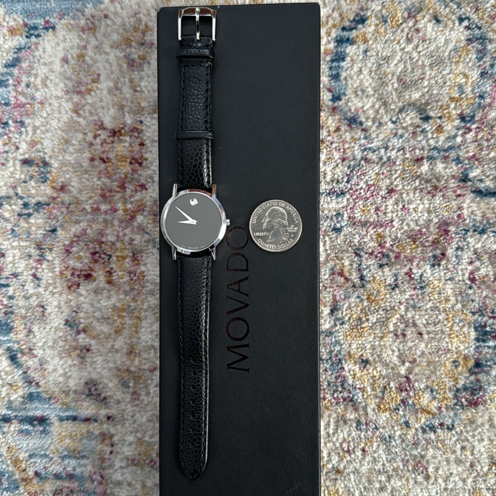 Movado Museum collection women’s silver watch with black leather band. - Picture 3 of 11